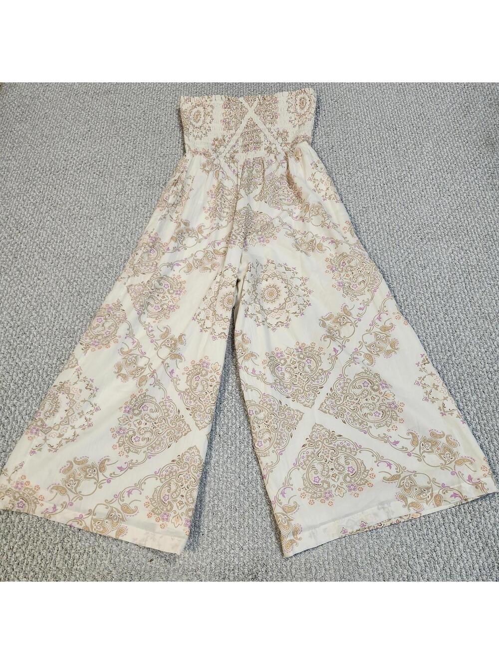 American Eagle Wide Leg Strapless Jumpsuit Beige Paisley Floral Print Large NWT - Picture 6 of 11